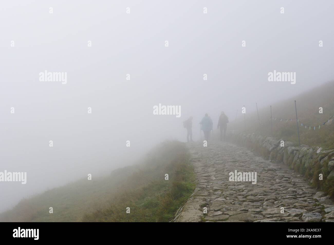 Three silhouettes of people in the foggy day on rocky hiking trail in ...