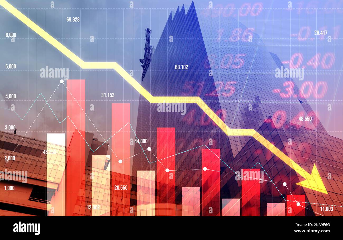The digital indicators and declining graphs of a stock market crash