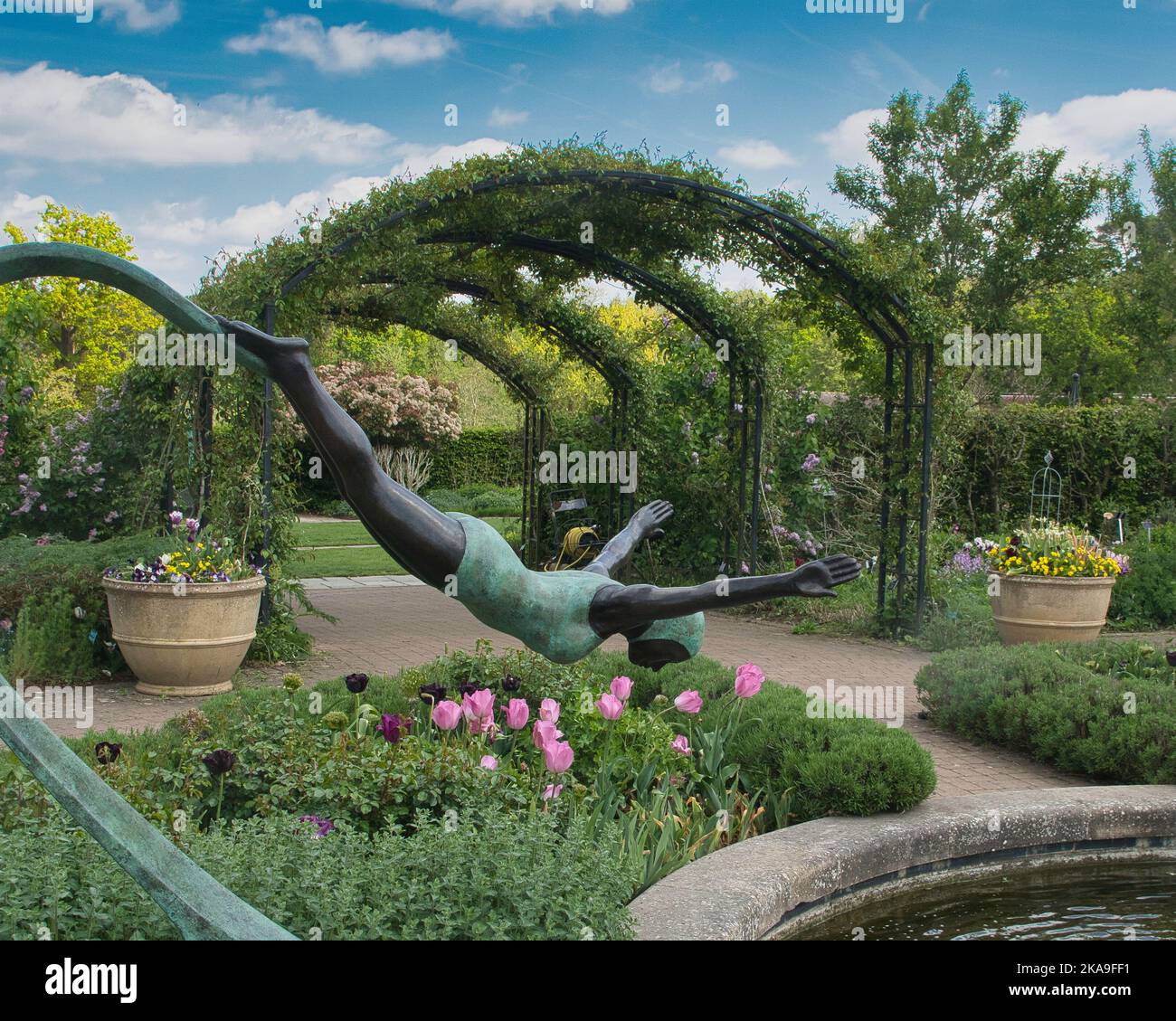 Bronze resin diving female sculpture 'Diva' by Mark Swan MRSS at RHS