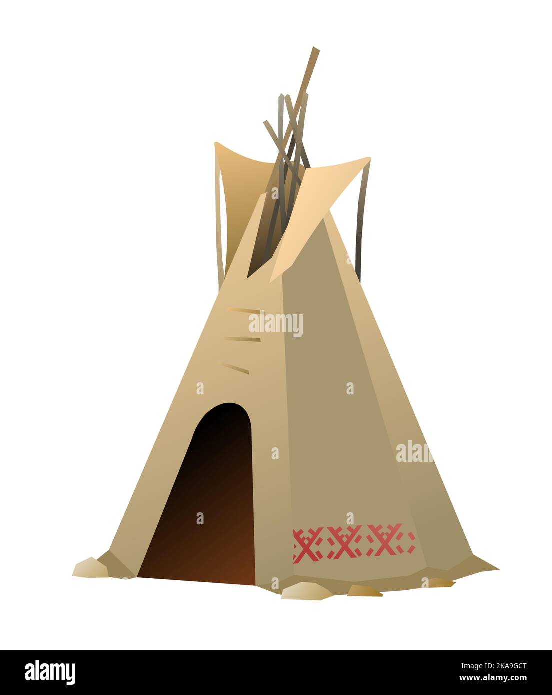 Indians wigwam hut made of felt and skins. With folk ornament. North American tribal dwelling. Traditional home of nomadic peoples. Isolated on white Stock Vector