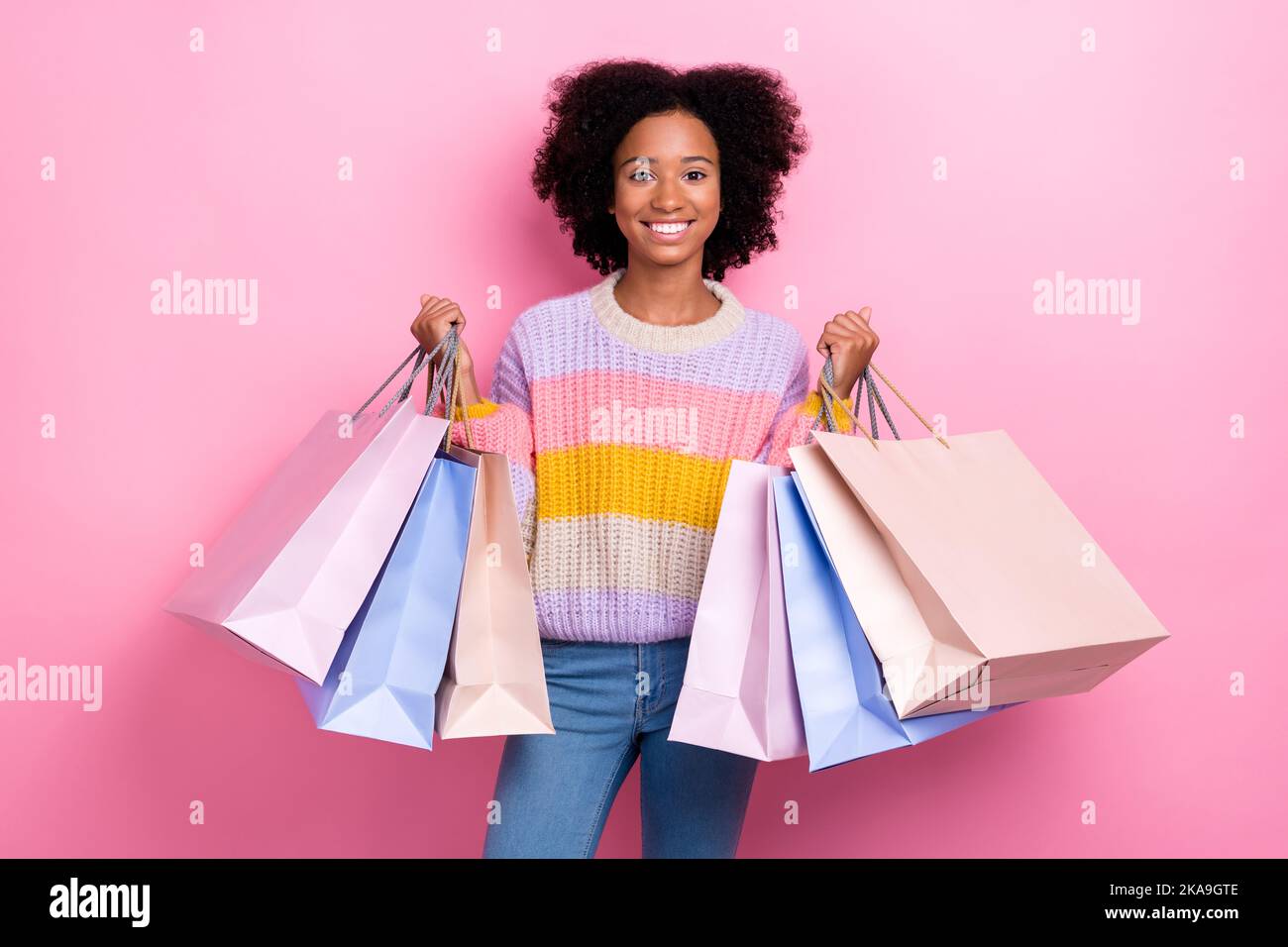 Cheerful Shopper Girl With Purchases In Colorful Paper Bags Happy