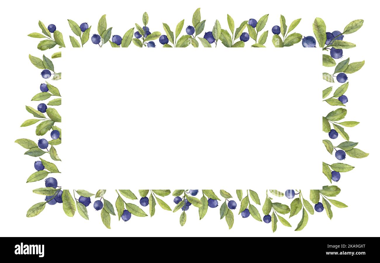 Watercolor Blueberry Border. Hand painted Blue Berry Fruit rectangular Frame for invitation or