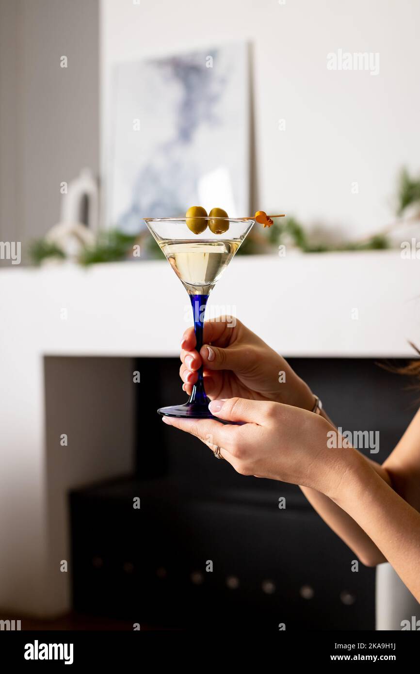 tasty Martini with olive. Classic Shaken Dry Vodka Martini. Space for
