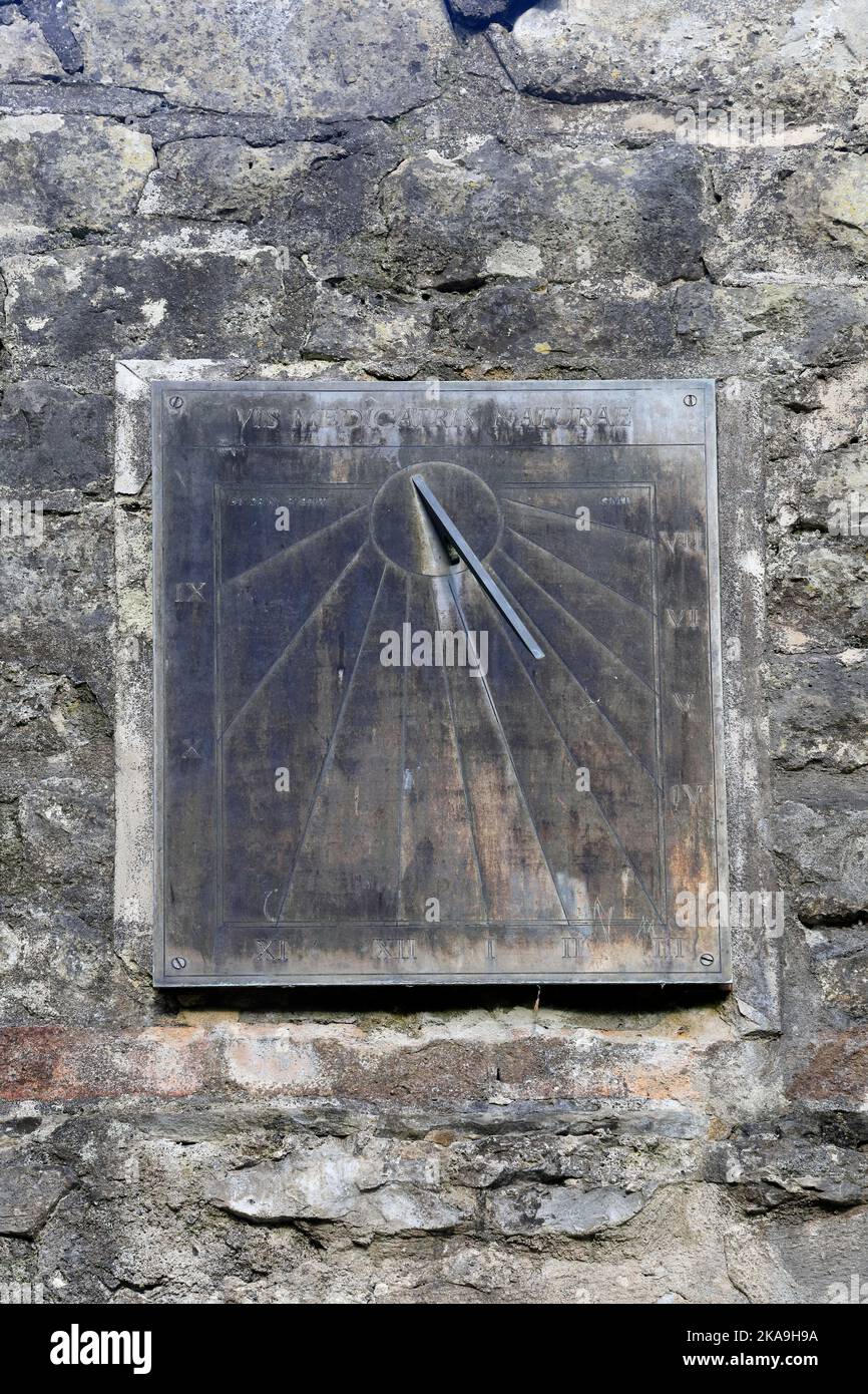 Unusual Square Sundial on a wall. Cowbridge, South Wales early autumn, 2022. October. Stock Photo