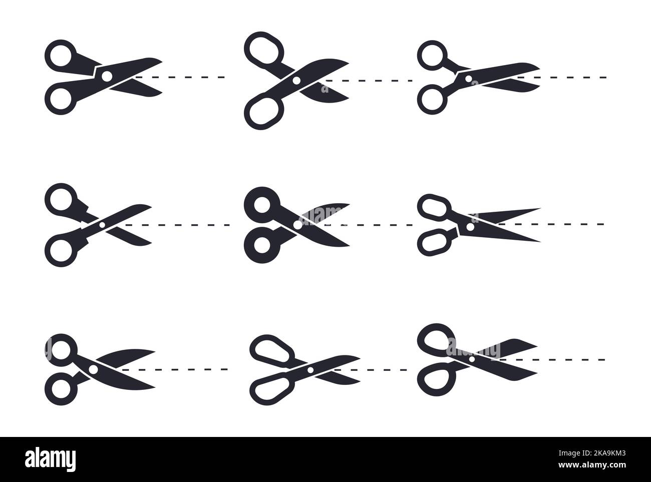 Scissor cutting vector set. Scissor with line illustration. Paper cut