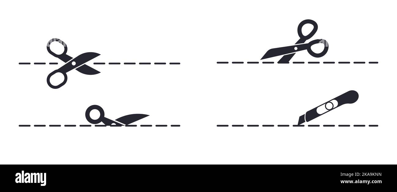 Scissor cutting vector set. Scissor with line illustration. Paper cut