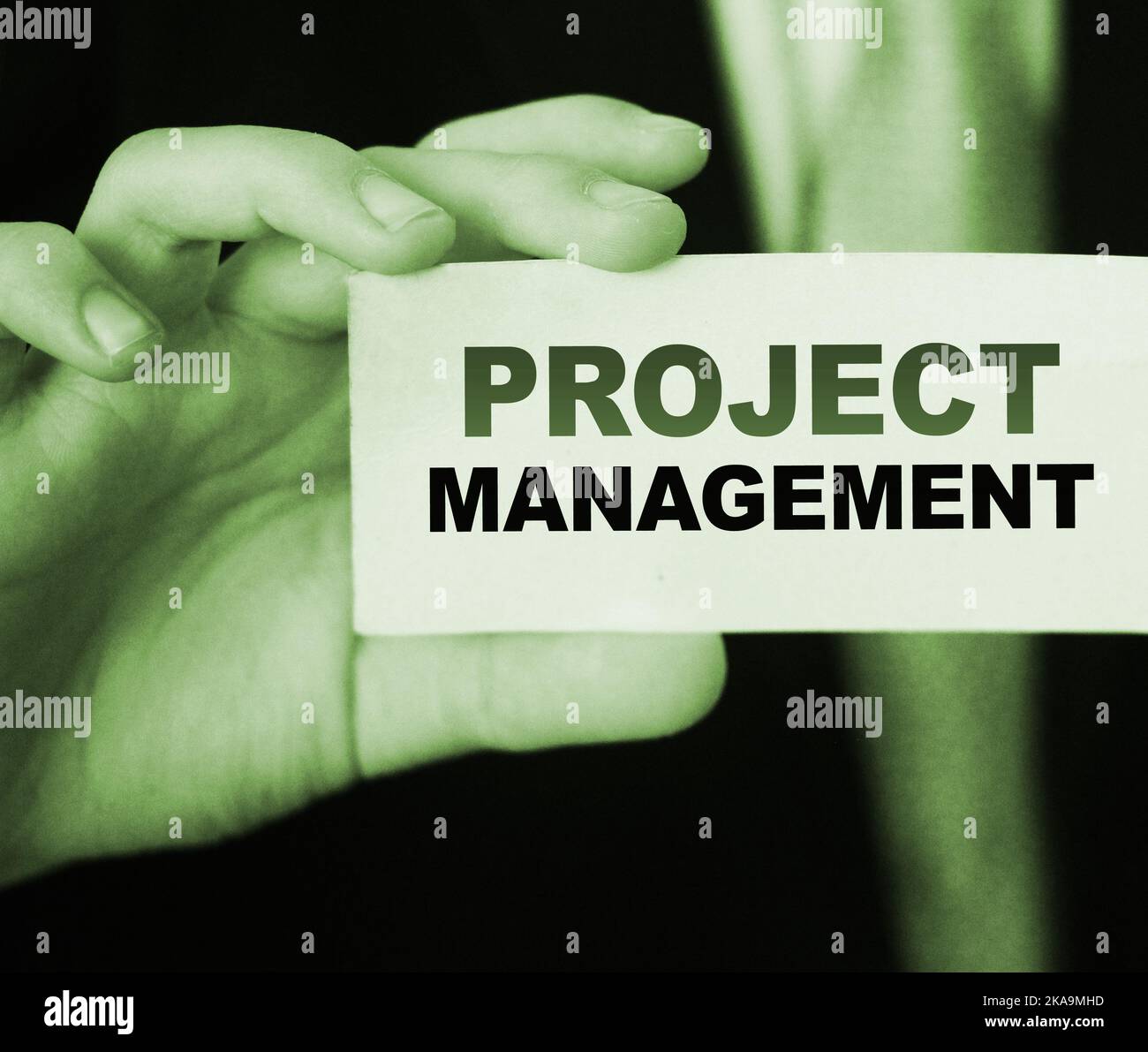 PROJECT MANAGEMENT words on card businessman holds. Business strategy