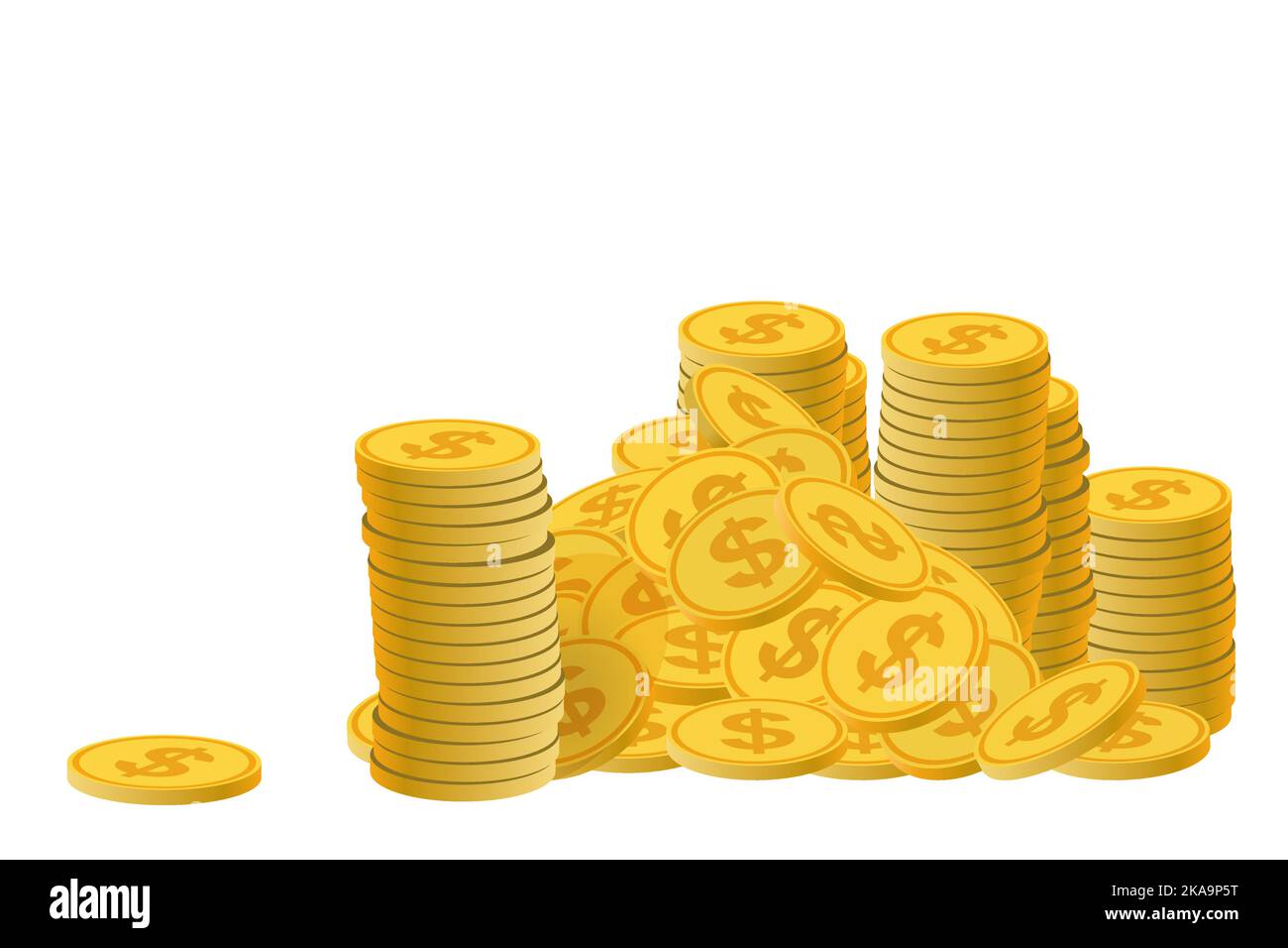 Gold coins, golden dollar coins, money pile, stacked cash. Casino bonus, profits and income earnings. Vector illustration Stock Vector
