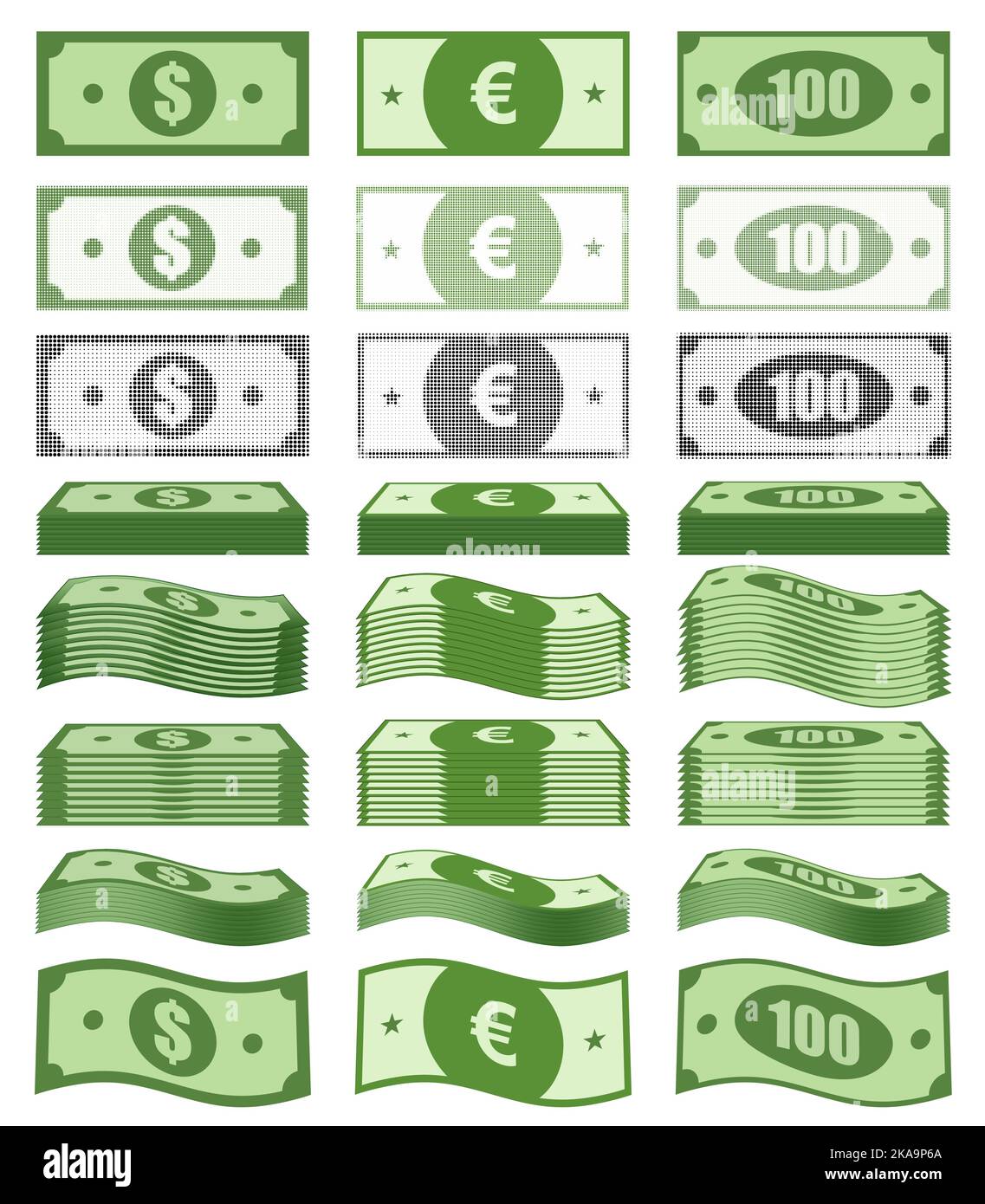 Banknotes, greenback banknote, money pile, stacked cash. Dollar, euro, hundred. Casino bonus, profits and income earnings, vector illustration. Stock Vector