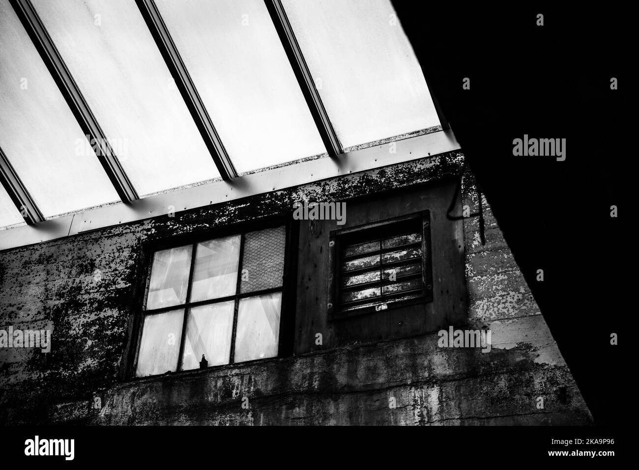 A low angle shot of old building windows and glass ceiling in black and
