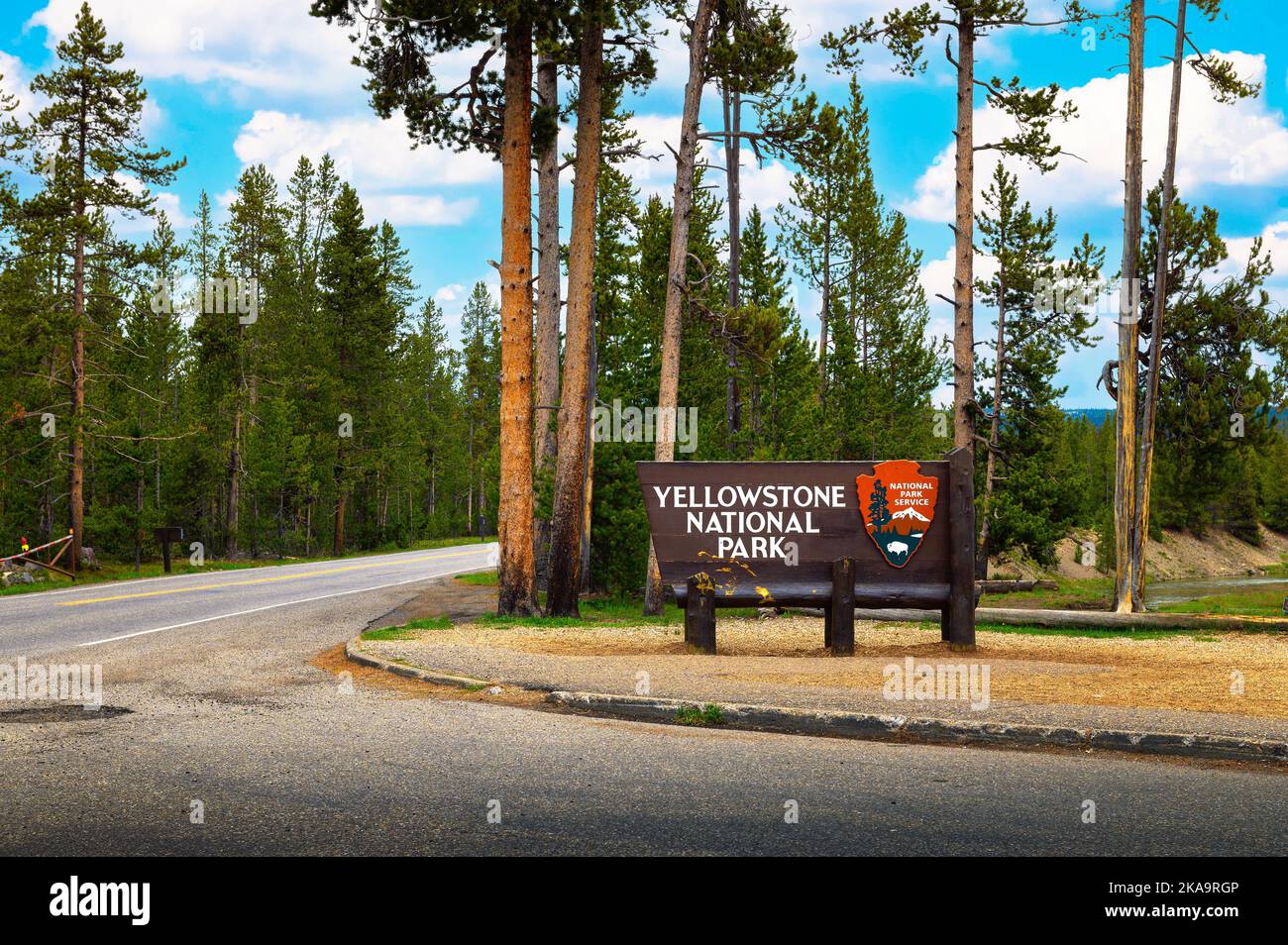Welcome sign at the south entrance to Yellowstone National park in Wyoming, USA Stock Photo
