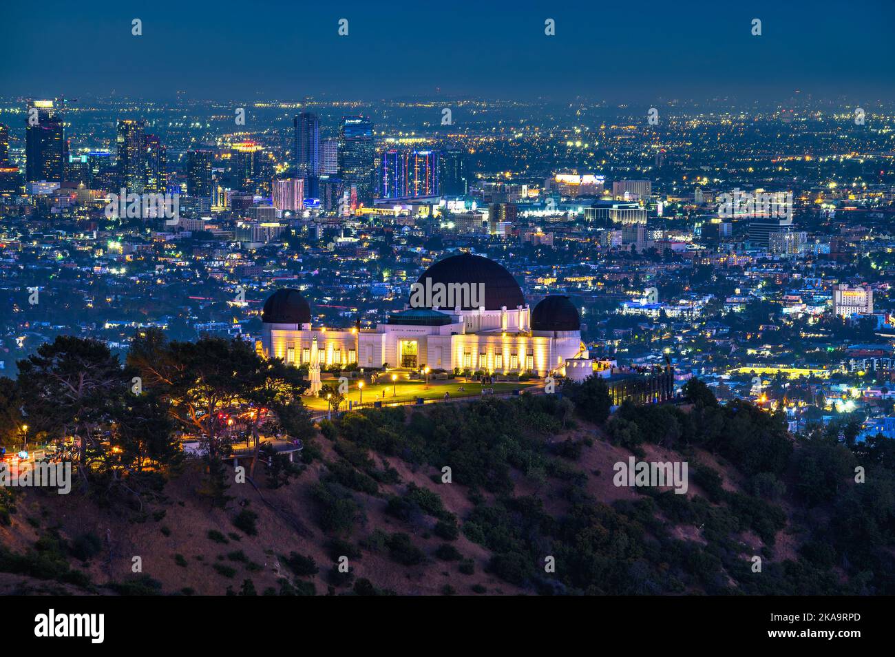 Griffith Observatory and Los Angeles skyline at night Stock Photo