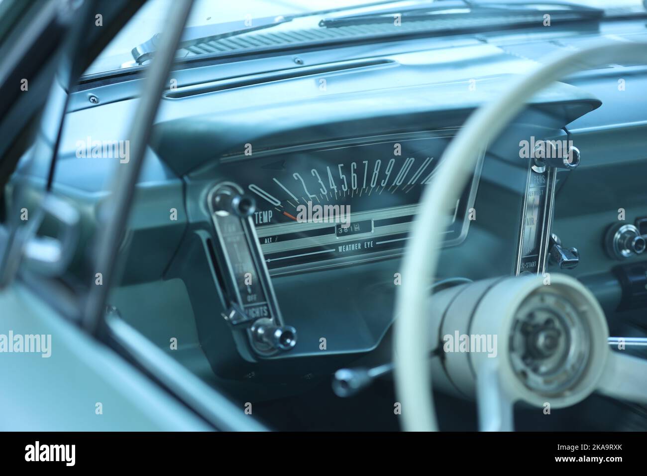 The Interior Of A Vintage Car With An Old Fashioned Dashboard Stock the-interior-of-a-vintage-car-with-an-old-fashioned-dashboard-stock