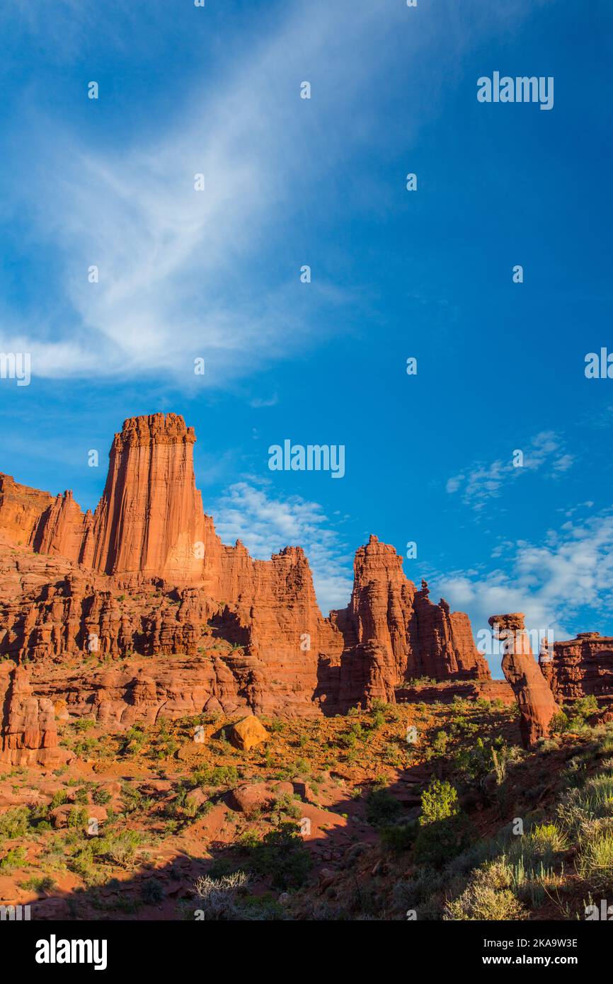 The Fisher Towers, from left, the Kingfisher, Cottontail, Ancient Art & Lizard Rock, sandstone towers near Moab, Utah. Stock Photo