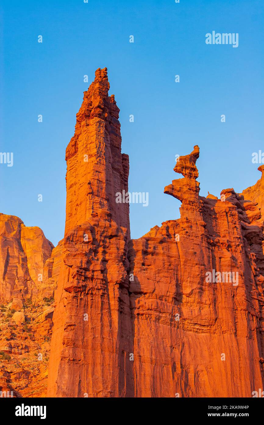 The Kingfisher Tower, at left, & Ancient Art, Cutler sandstone towers in the Fisher Towers near Moab, Utah. Stock Photo