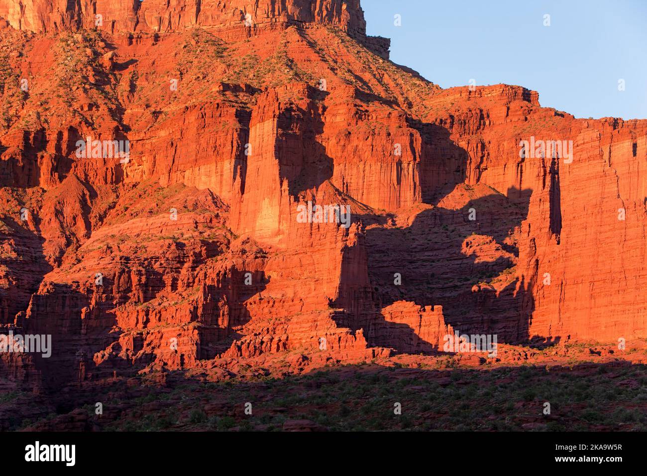 The Fisher Towers,  Cutler sandstone rock formations, at sunset, near Moab, Utah. Stock Photo