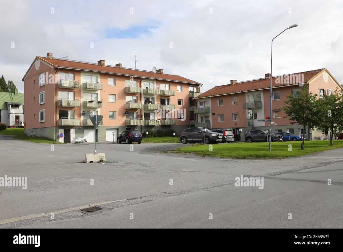 Morsil, Sweden - September 1, 2022:  Apartment buildings built in 1960 with two and three floors in a condominium association. Stock Photo