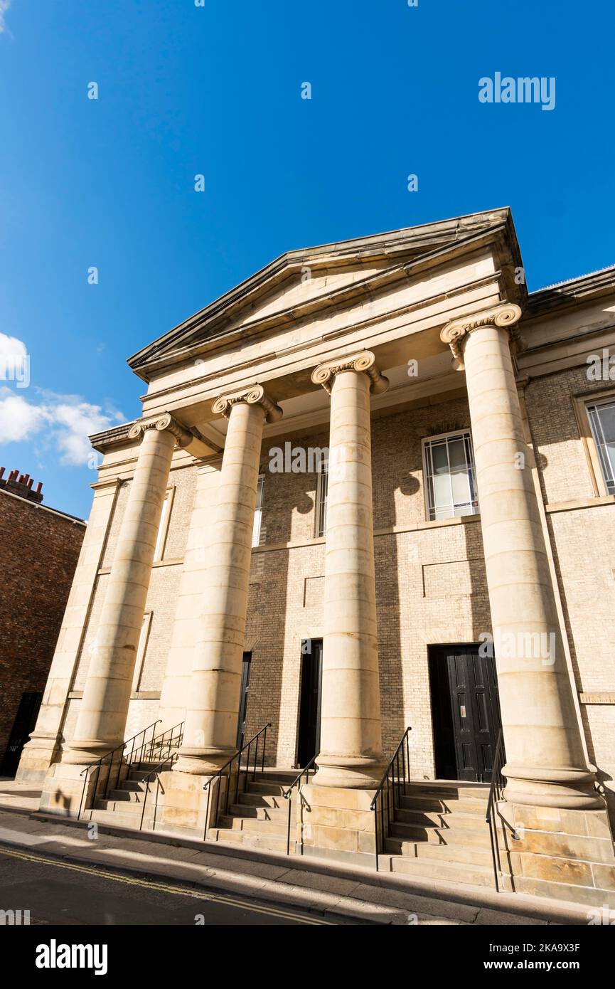 The portico of the listed Central Methodist Church building in York, North Yorkshire, England, UK Stock Photo