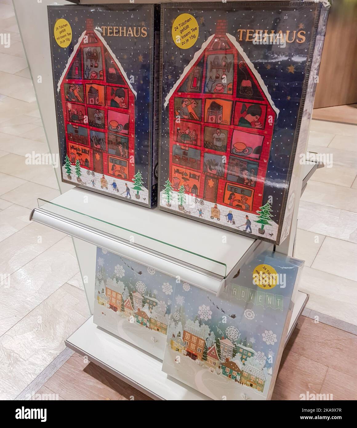 Berlin, Germany, October 2019: Large colorful boxes of advent calendars with different tea inside. Sold on a shelf in the store. Christmas, sale. Stock Photo
