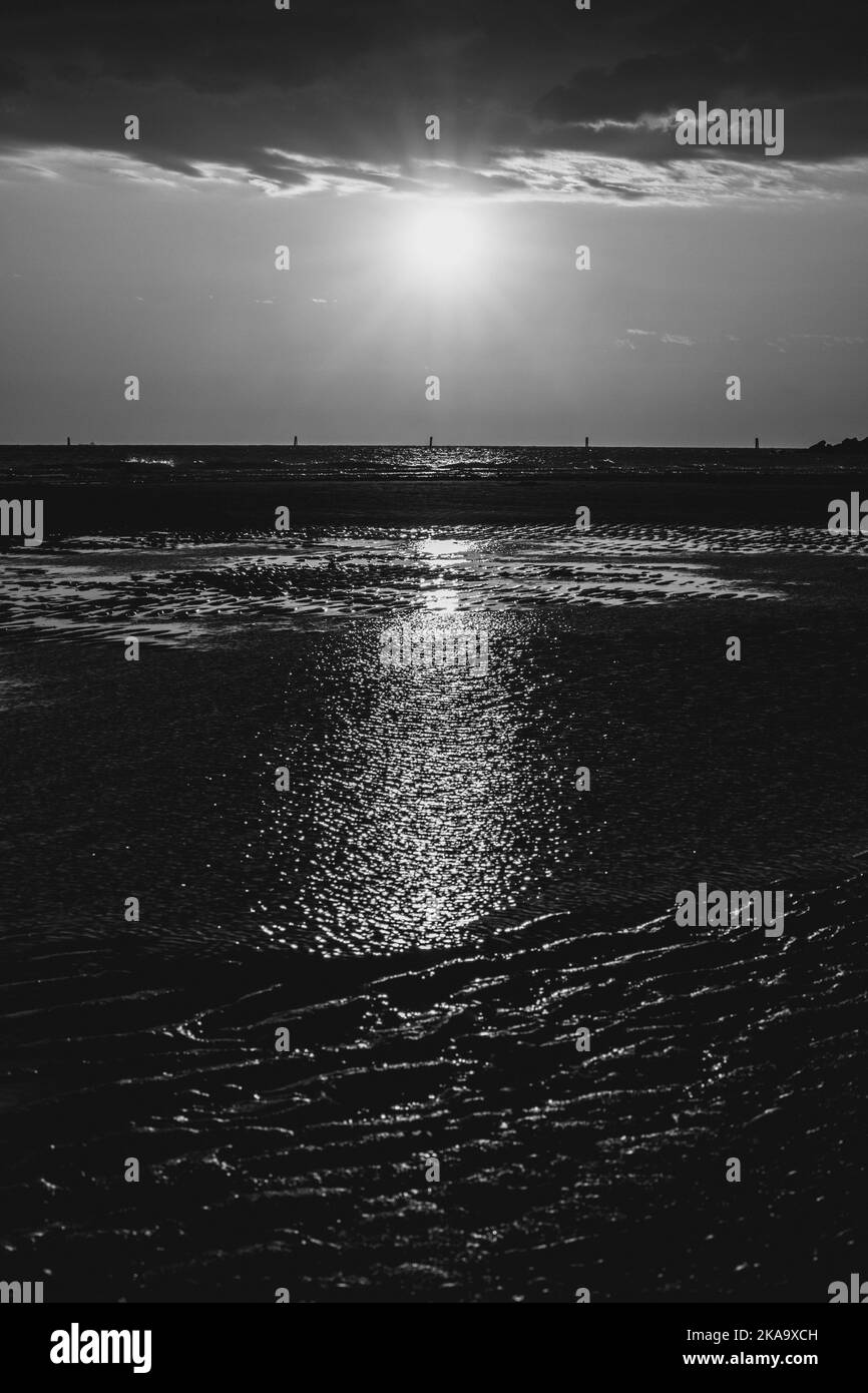 An aerial view of seascape during sunset in black and white Stock Photo ...