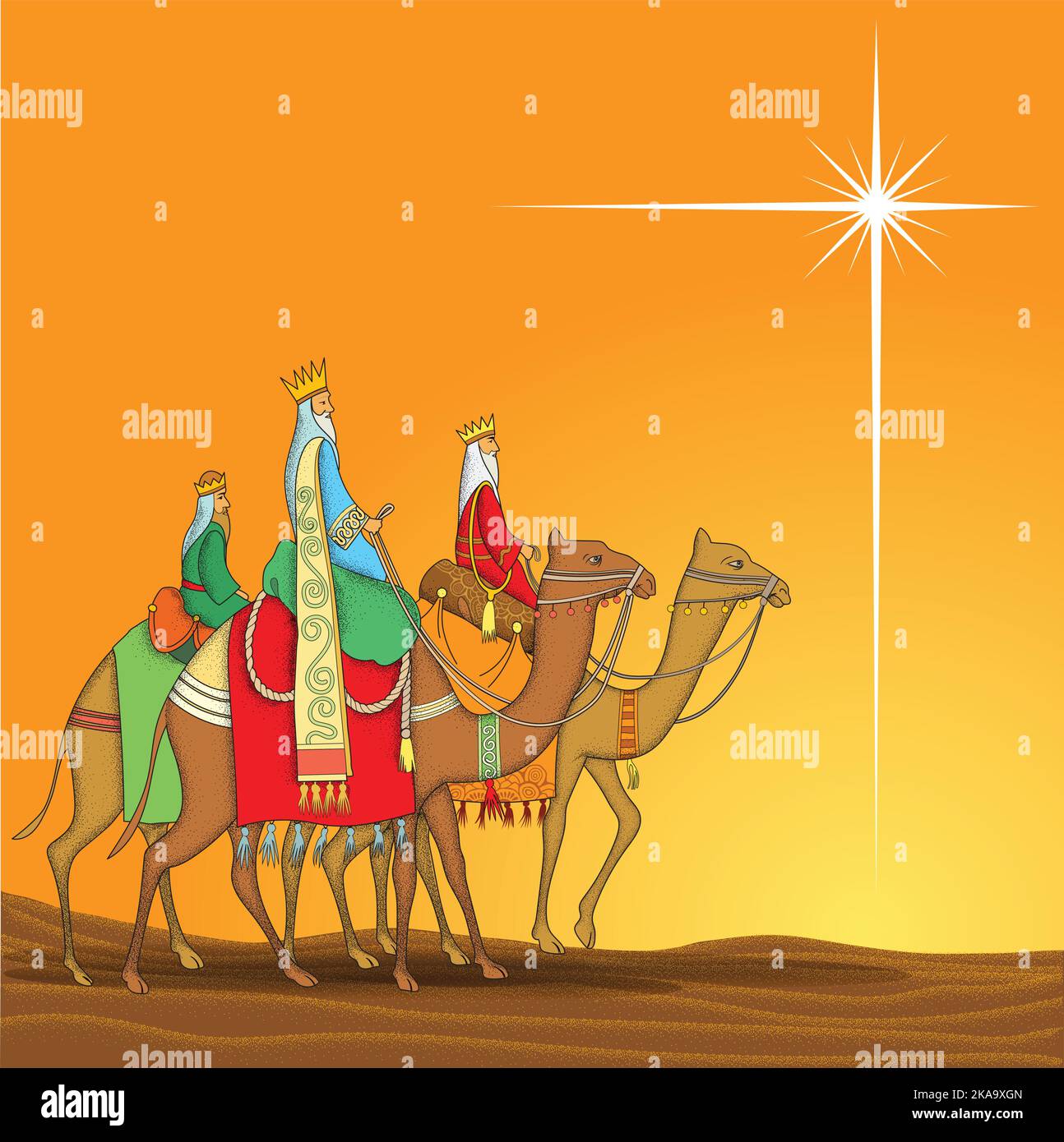 The three Wise Men follow the star to find the baby Jesus Stock Vector