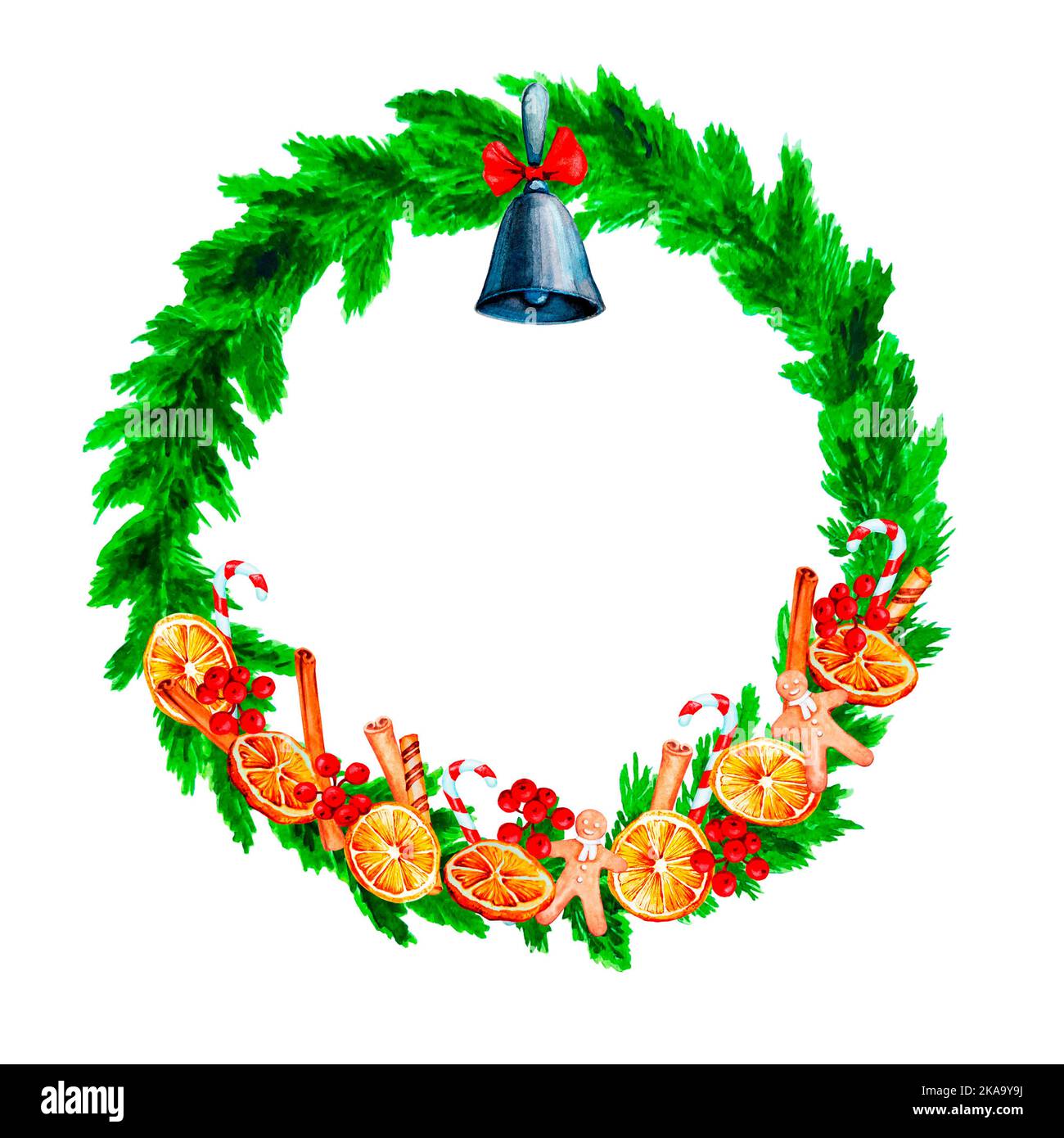 Watercolor decorative wreath of Christmas tree branches decorated with