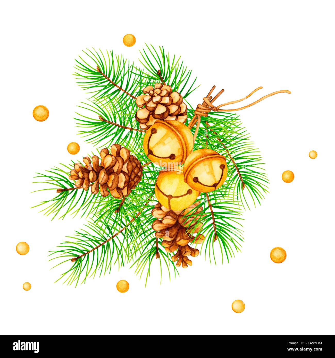 Christmas decor from pine branches, cones and bells. Watercolor clipart for the design of cards, logos, invitations, stationery, print, fabric. Stock Photo