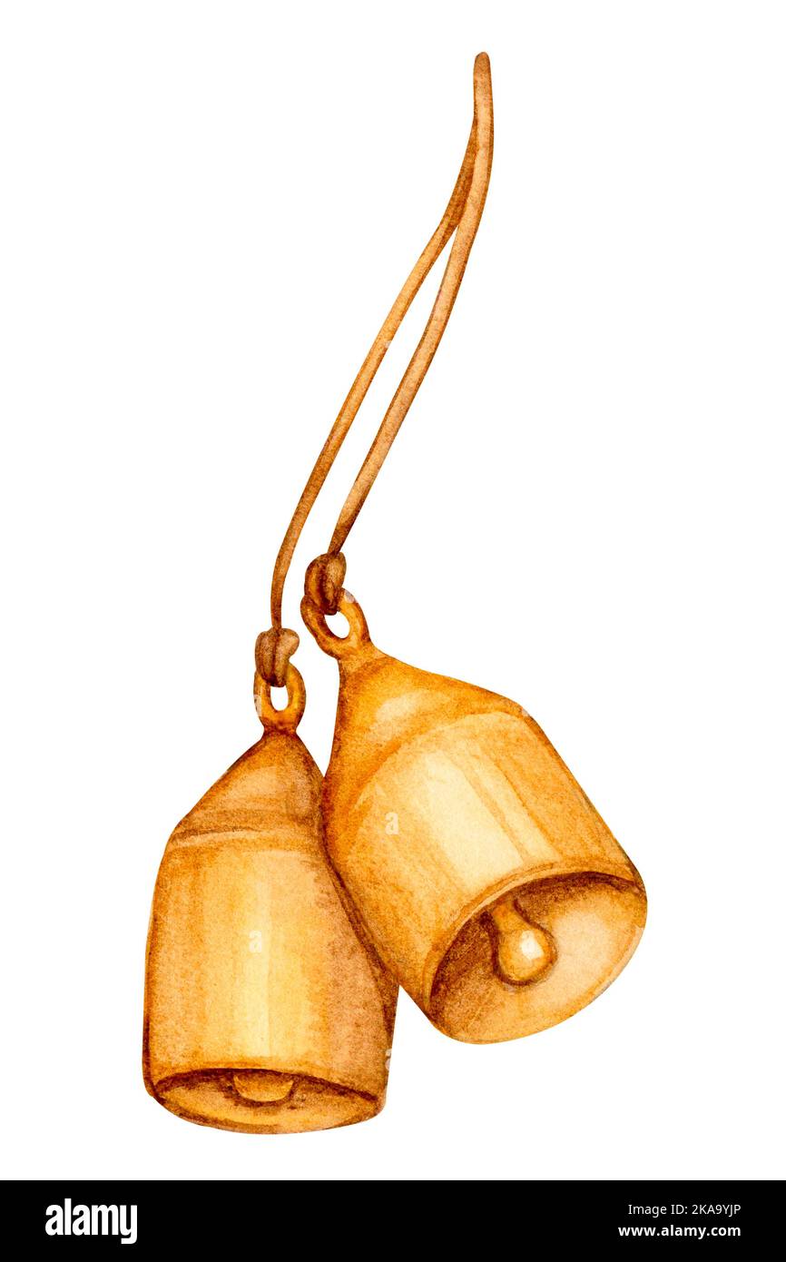 Golden bells on a rope. Festive New Year and Christmas decor ...