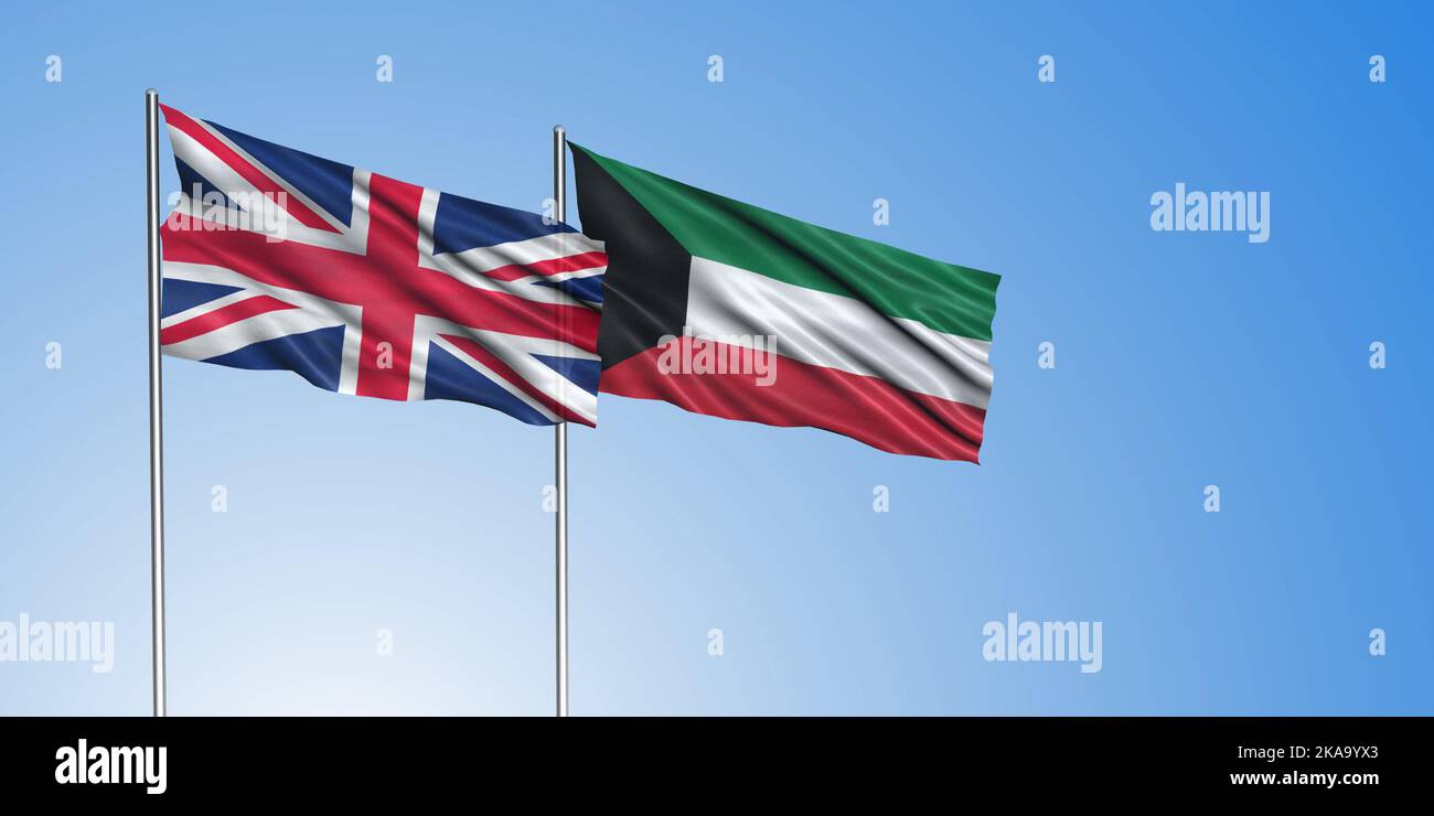 United Kingdom flag and Kuwait flag, with blue sky Stock Photo