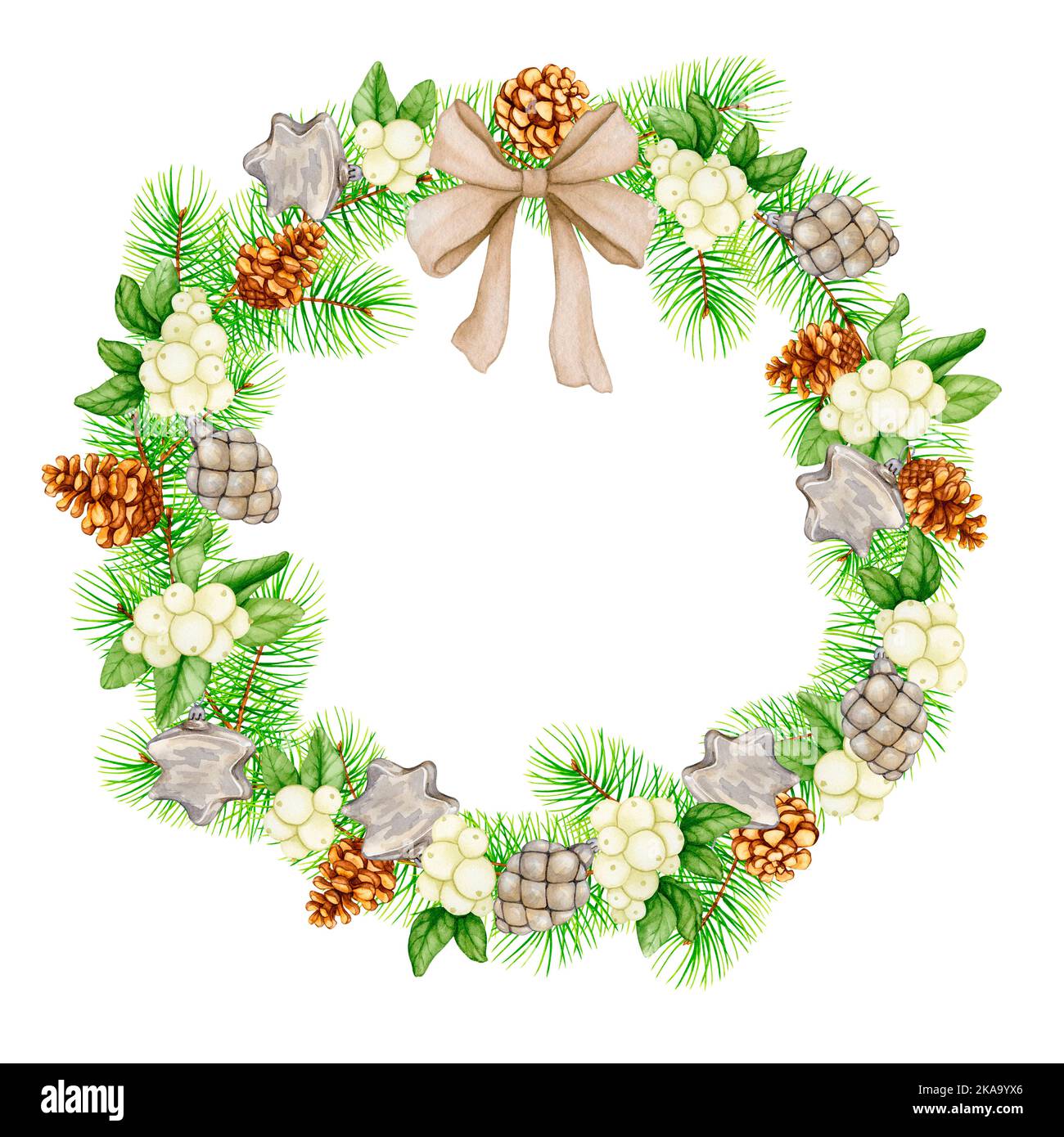 Christmas wreath of pine branches and snowberry, decorated with cones ...