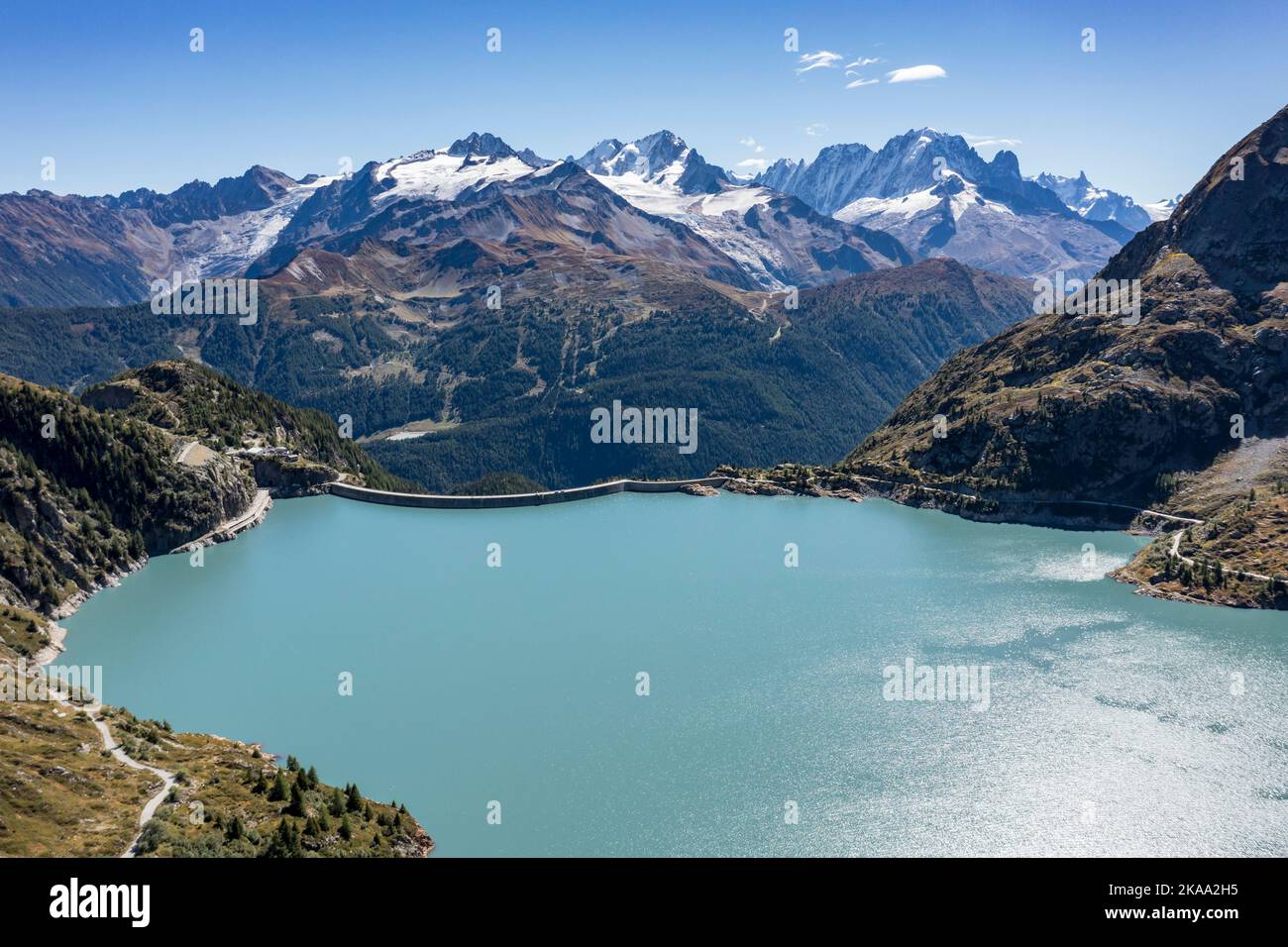 Aerial view of reservoir dam and lake lac d' Emosson, Finhaut ...