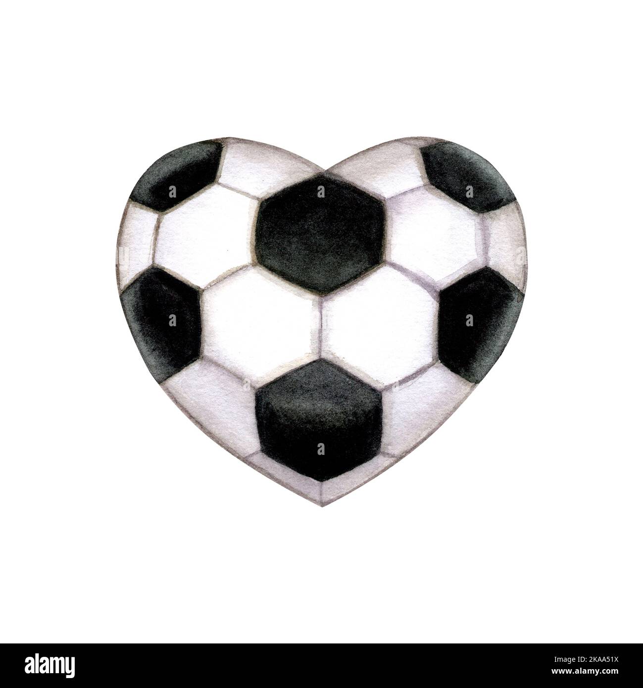Watercolor illustration. Soccer ball in the shape of a heart. Isolated