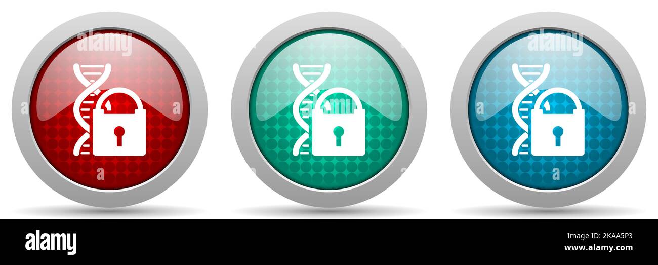 Dna code information security vector icon set, glossy web buttons collection Stock Vector