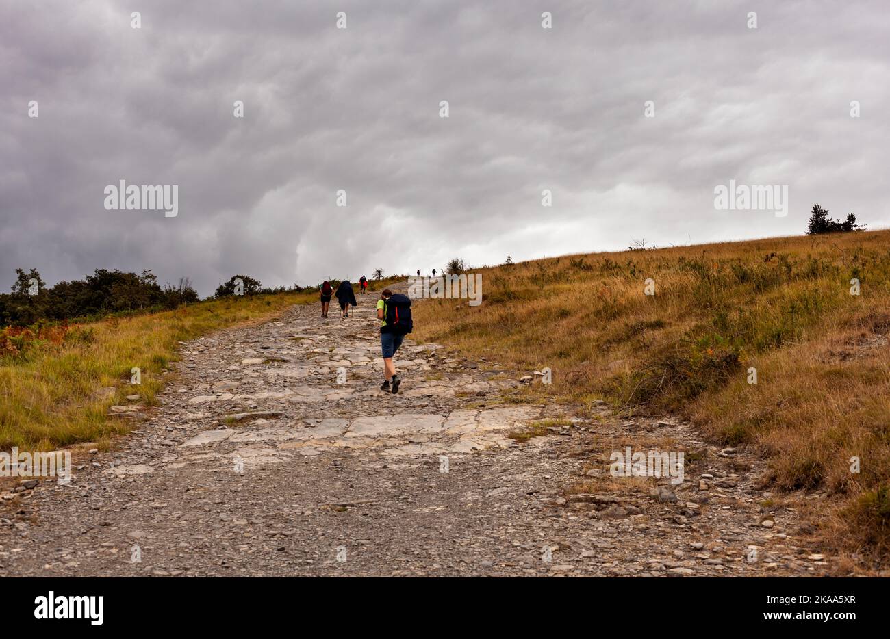 Group of Pilgrims walking on the path of Way of St James, The french route called Chemin du Puy, France Stock Photo