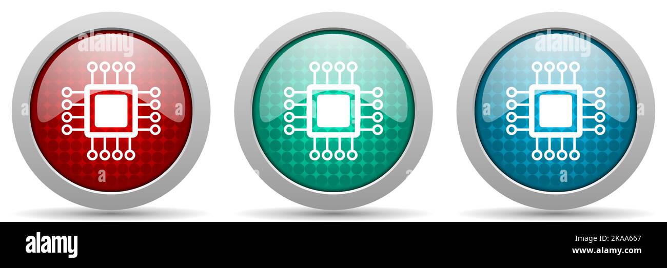 Circuit, technology, chip, processor vector icon set, glossy web buttons collection Stock Vector