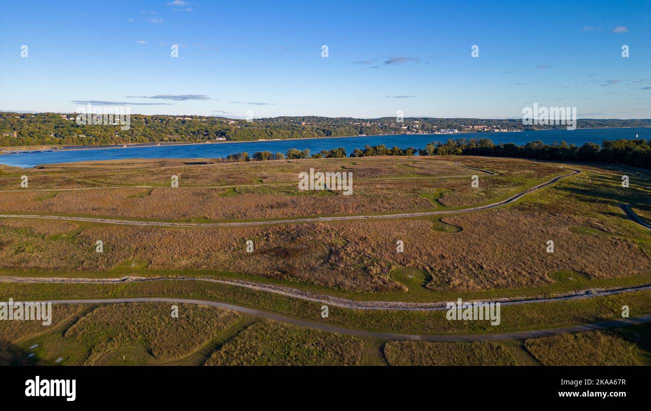 An aerial view of Croton Point Park with the Hudson River at soft