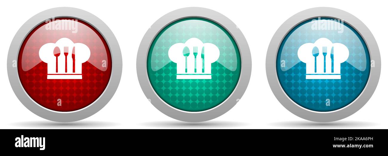 Chef hat, cook and kitchen vector icon set, glossy web buttons collection Stock Vector