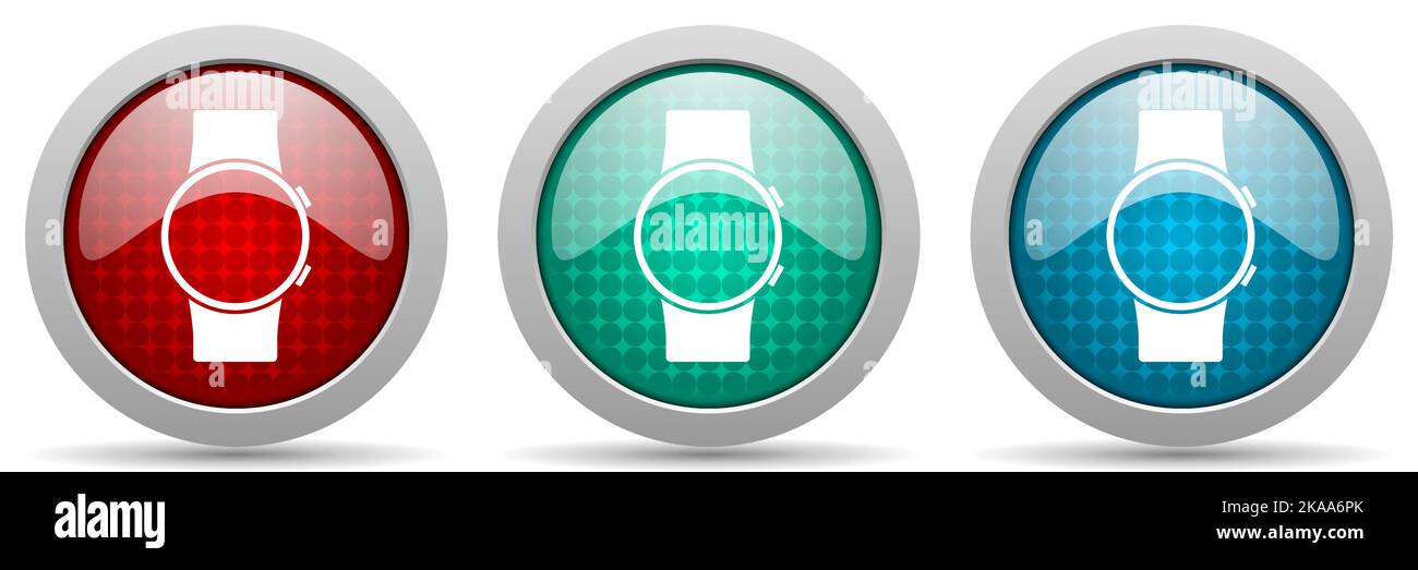 Smartwatch, smart watch vector icon set, glossy web buttons collection Stock Vector