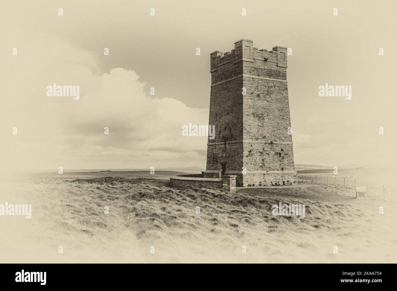 The image is of the Kitchener memorial tower at Marwick Head, dedicated to Field Marshal Earl Kitchener of Khartoum & the crew of HMS Hampshire Stock Photo