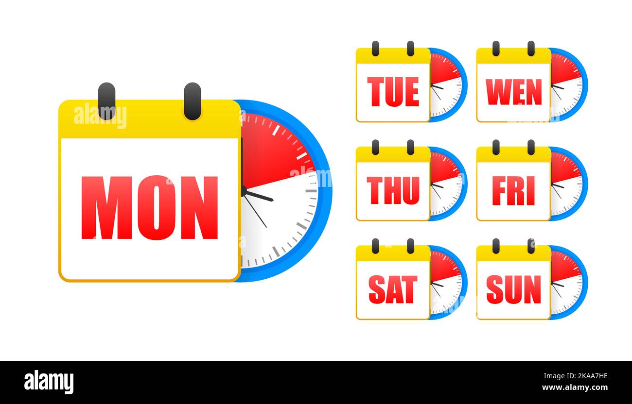 Calendar web buttons - Days of the week. The days of week badges. Set of Every Day of a Week Calendar. Stock Vector