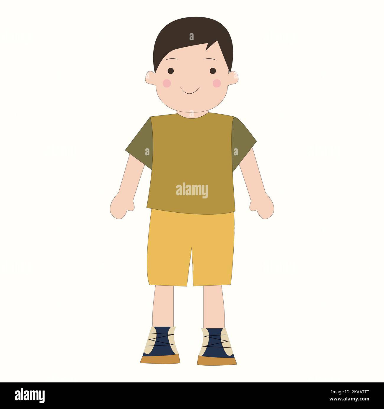 Dark-haired little boy, preschool age in overalls. Isolated. Cartoon style. Vector illustration. Stock Photo
