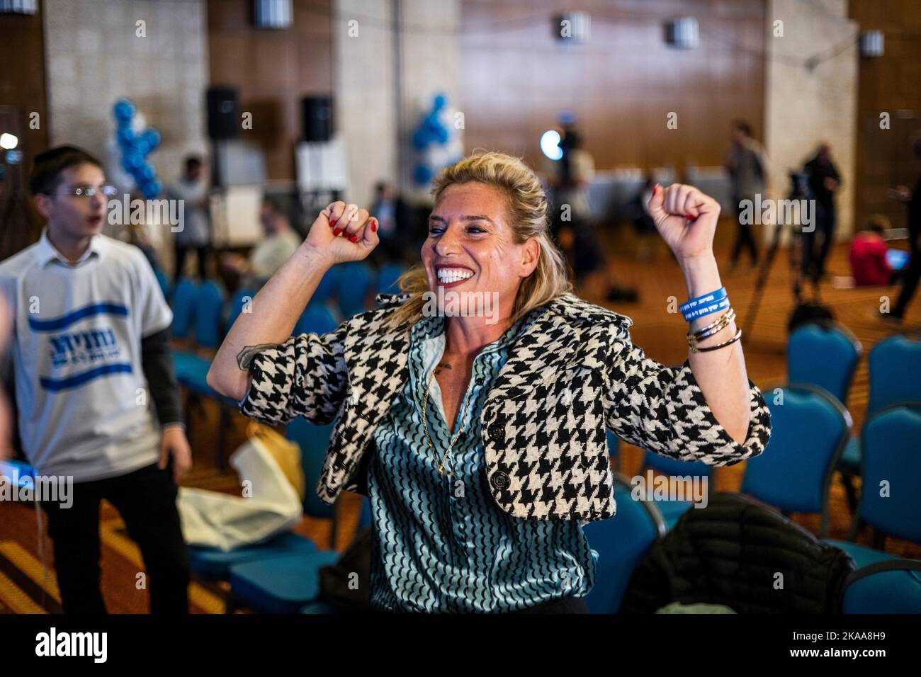 Jerusalem, Israel. 01st Nov, 2022. A Likud supporter celebrates exit