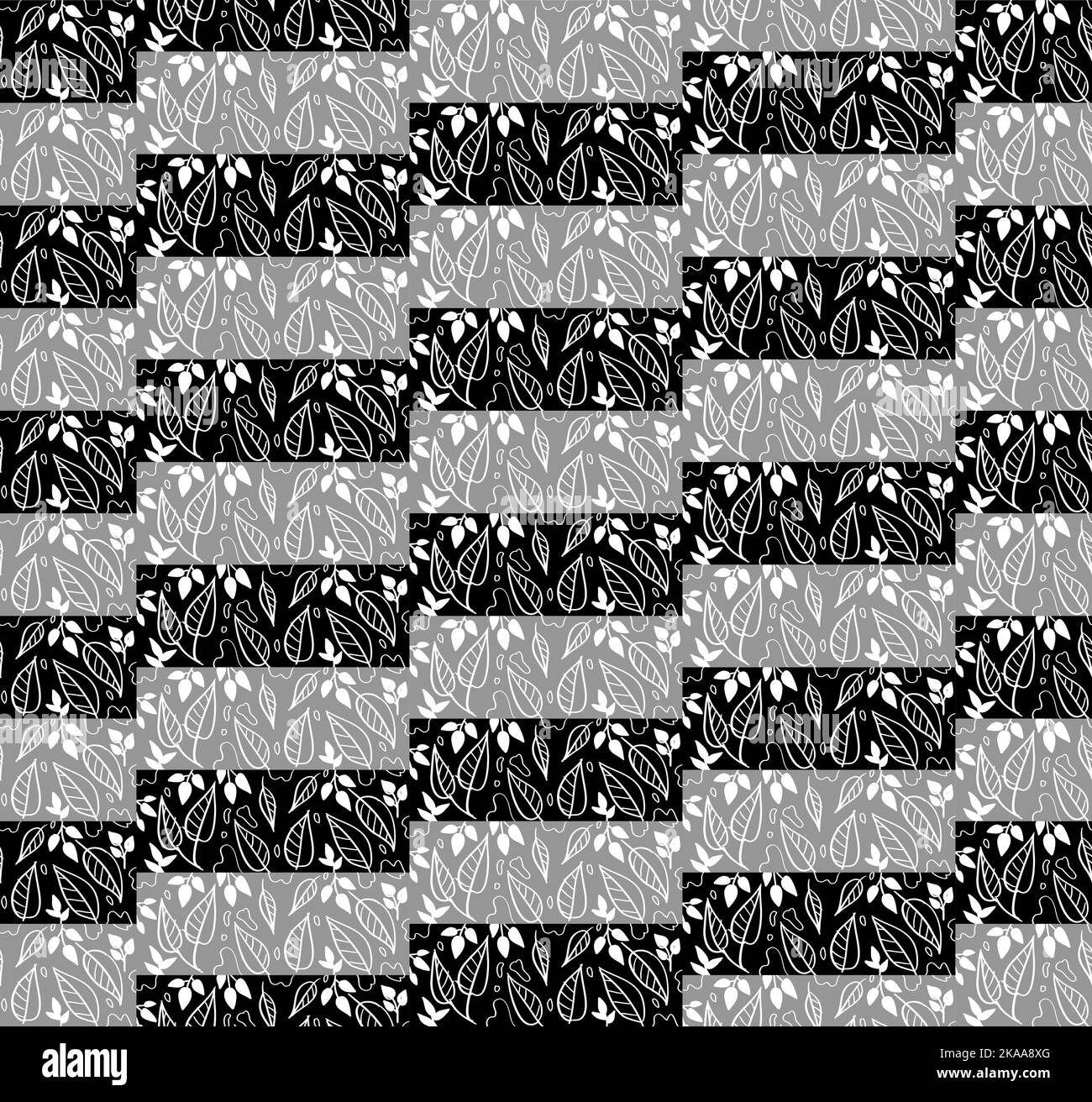 Seamless vector pattern made of leaves and flowers, black and white