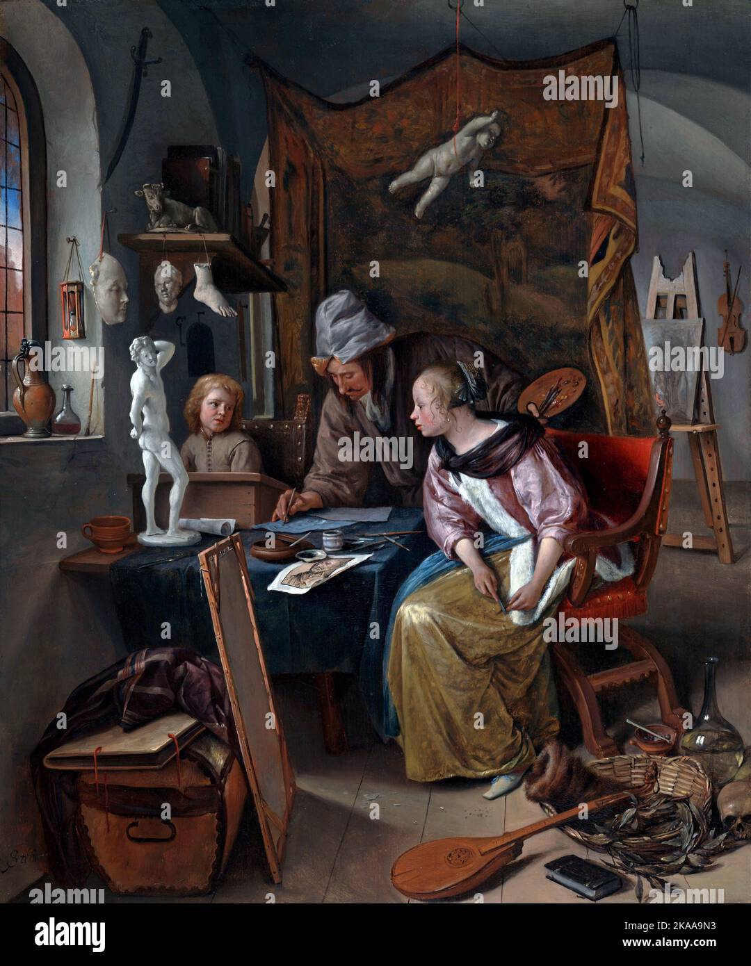 The Drawing Lesson, 1665, Painting by Jan Steen Stock Photo