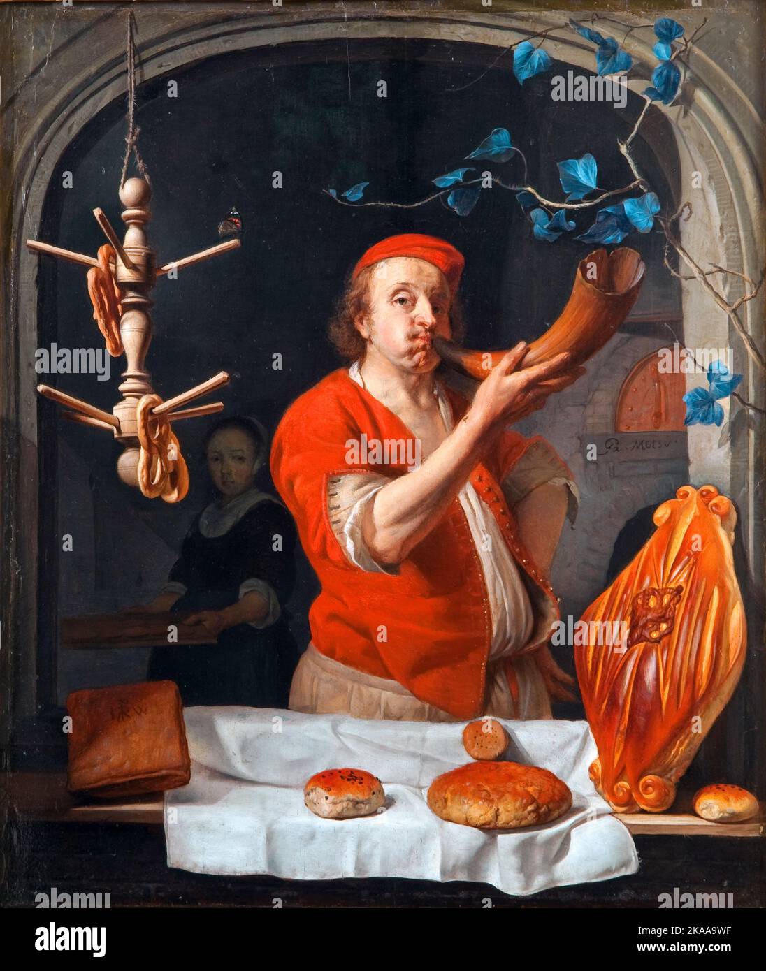 A Baker Blowing his Horn, circa 16603, Painting by Gabriel Metsu Stock
