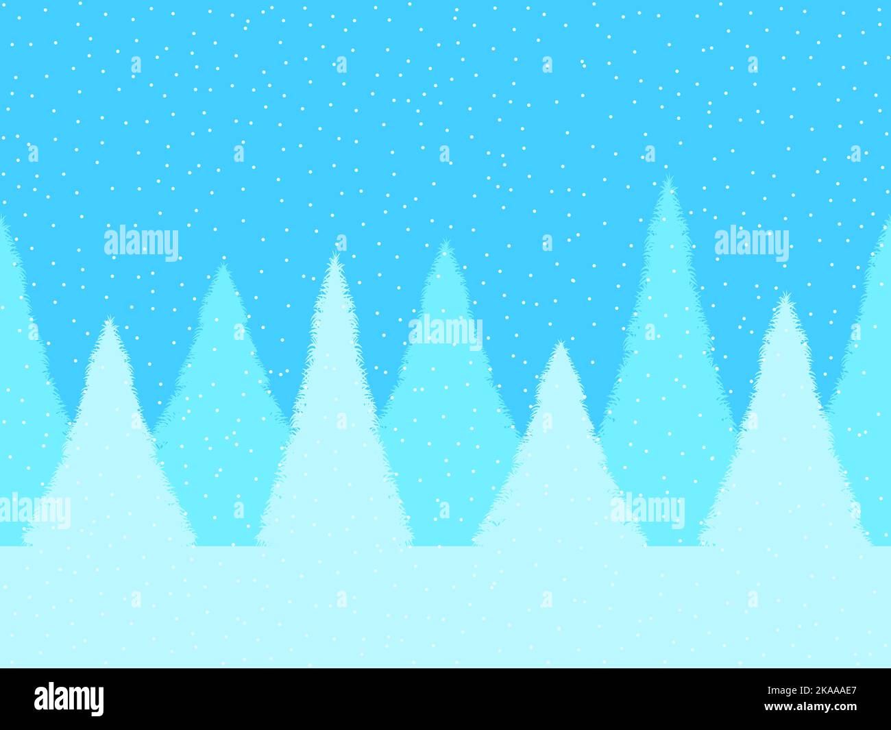 Winter landscape with fir trees and falling snow. Winter forest in flat ...