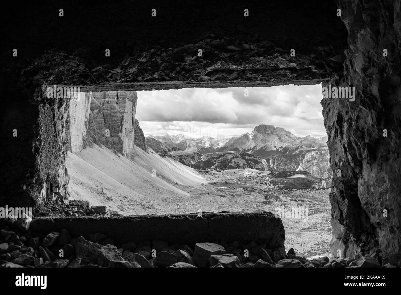 View through an old embrasure in an alpine fortress of the World War I ...