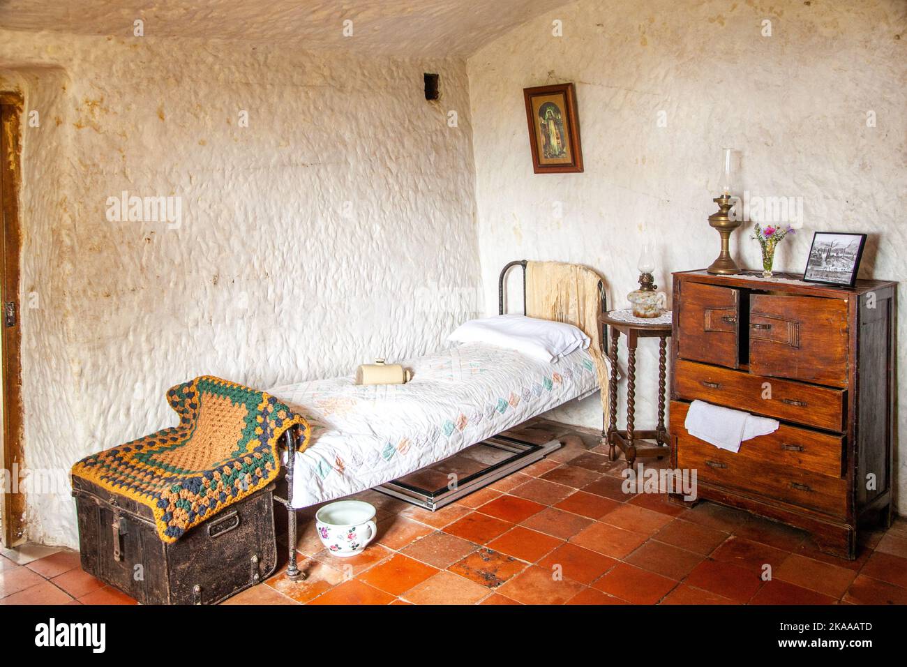 Inside view of Bedroom in one of the National trusts rock cottages on Kinver Edge Staffordshire England Stock Photo