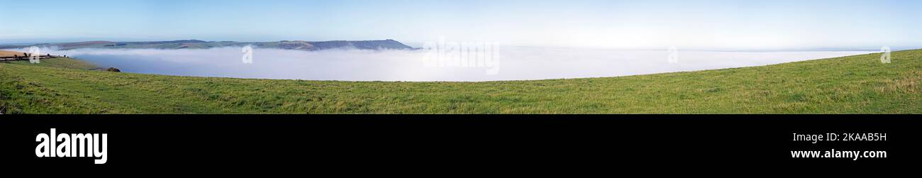 Fog above the valley of River Adur, Shoreham by Sea, panoramic view, Photomerge, South Downs, West Sussex, England, Great Britain Stock Photo