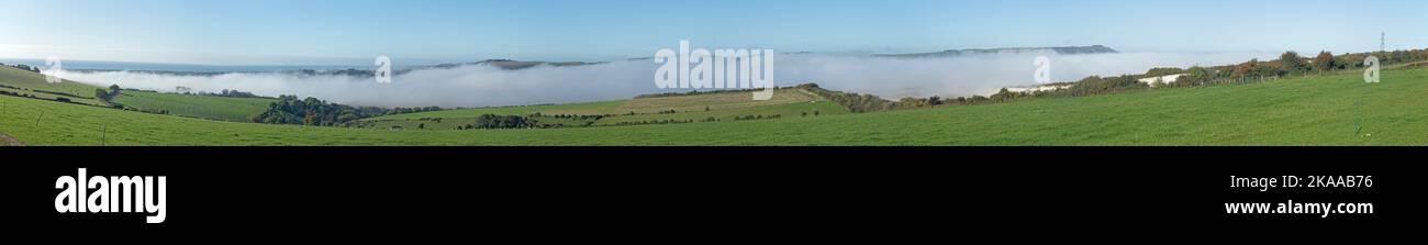 Fog above the valley of River Adur, Shoreham by Sea, panoramic view, Photomerge, South Downs, West Sussex, England, Great Britain Stock Photo